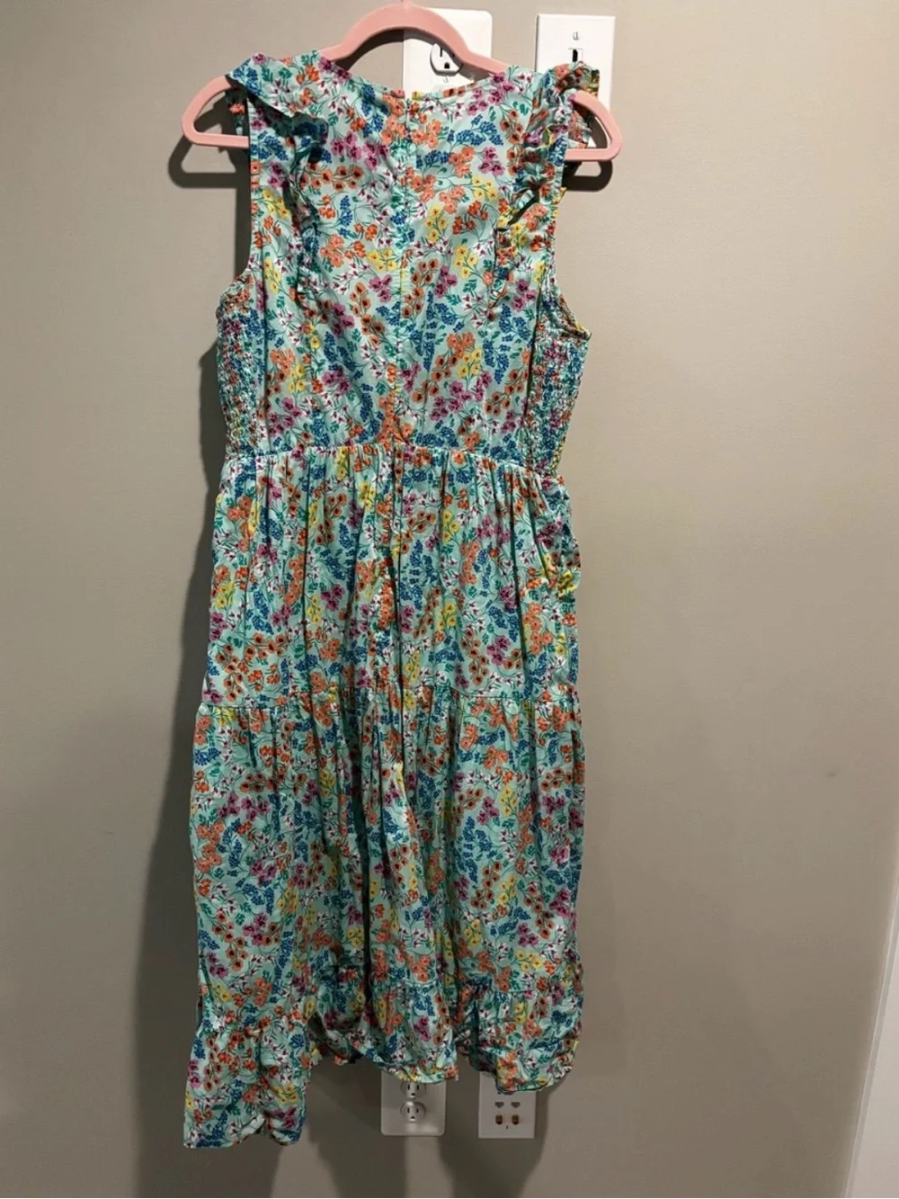 JCrew floral midi dress with ruffle V-neck teal and pink Size 10